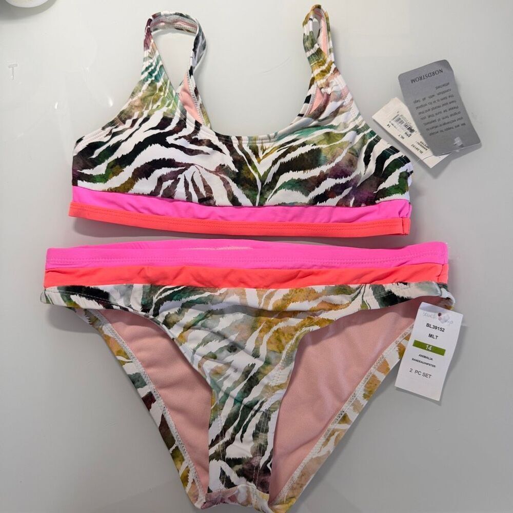 Beach Lingo Multicolor Two-Piece Zebra Print Swimsuit Bikini Set Size 14 NWT